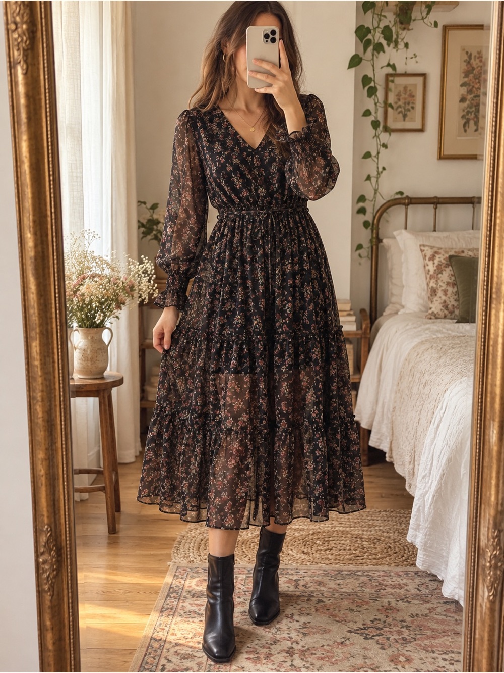 Black Floral V‑Neck Long Sleeve Midi Dress
